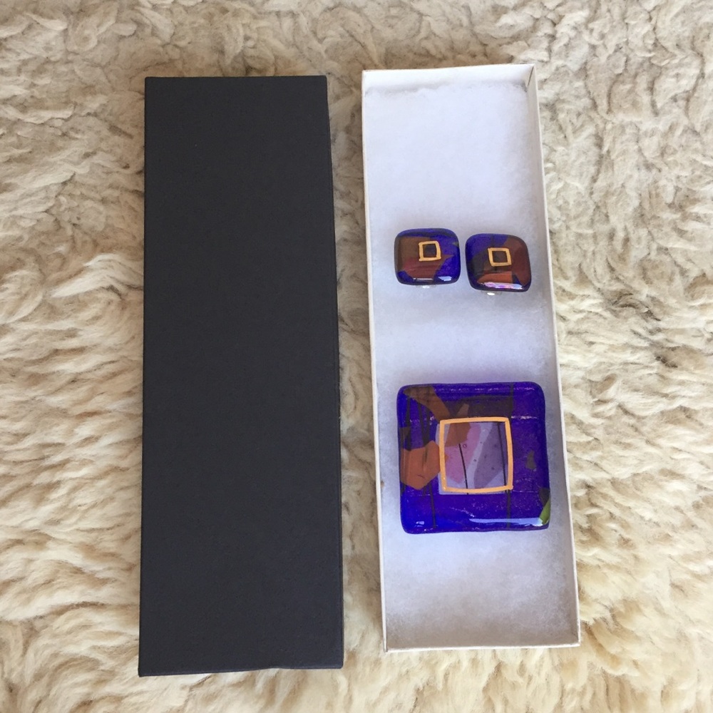 NEW Handmade Glass Brooch & Earrings Set